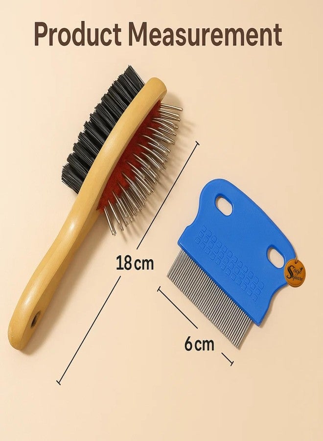 Sage Square Wooden Double Sided Pet Brush Comb | One Side with Soft Bristles, Other with Steel Pins Combo with Palm-Size Fine Pin Flea Comb | Grooming Kit for Dogs & Cats | Detangles, Removes Fleas - Image 4